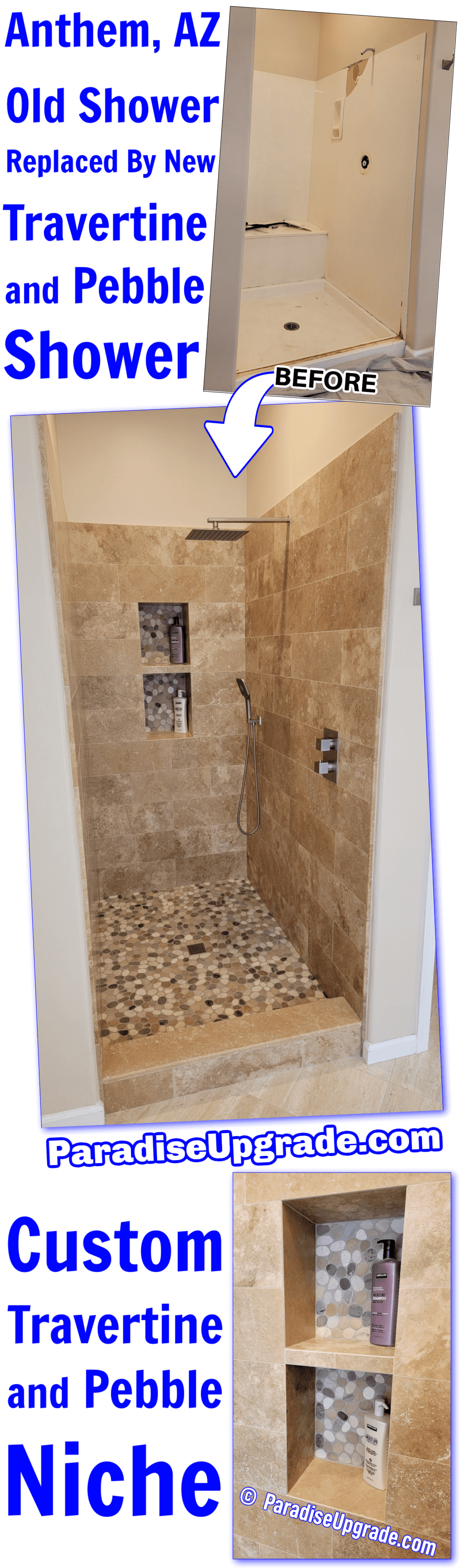 Anthem, AZ 85086 shower renovation - travertine tile and pebble tile installation.