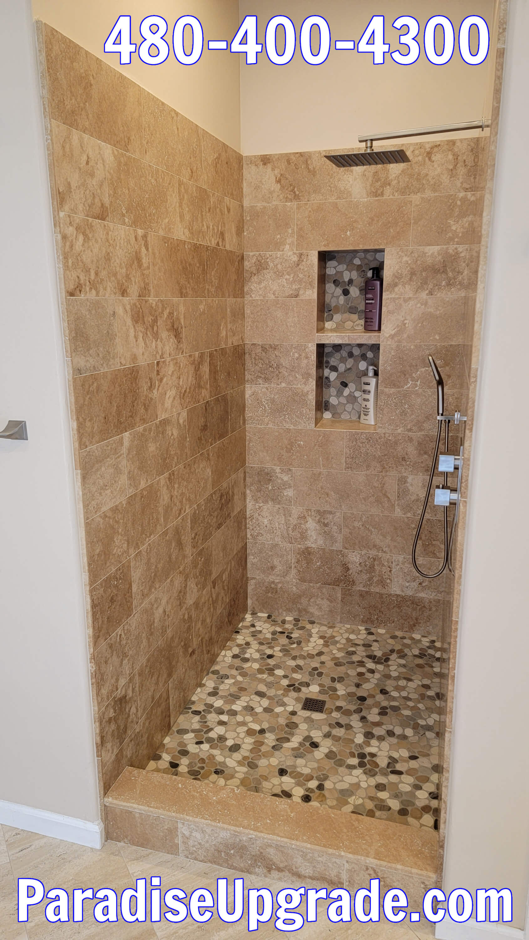 Scottsdale travertine shower renovation by Paradise Upgrade. Scottsdale travertine shower renovation by Paradise Upgrade.
