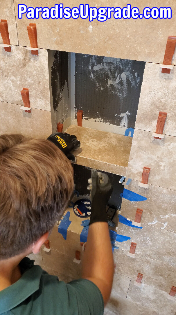 45 degree mitered travertine tile around shower niche and shelf 45 degree mitered travertine tile around shower niche and shelf