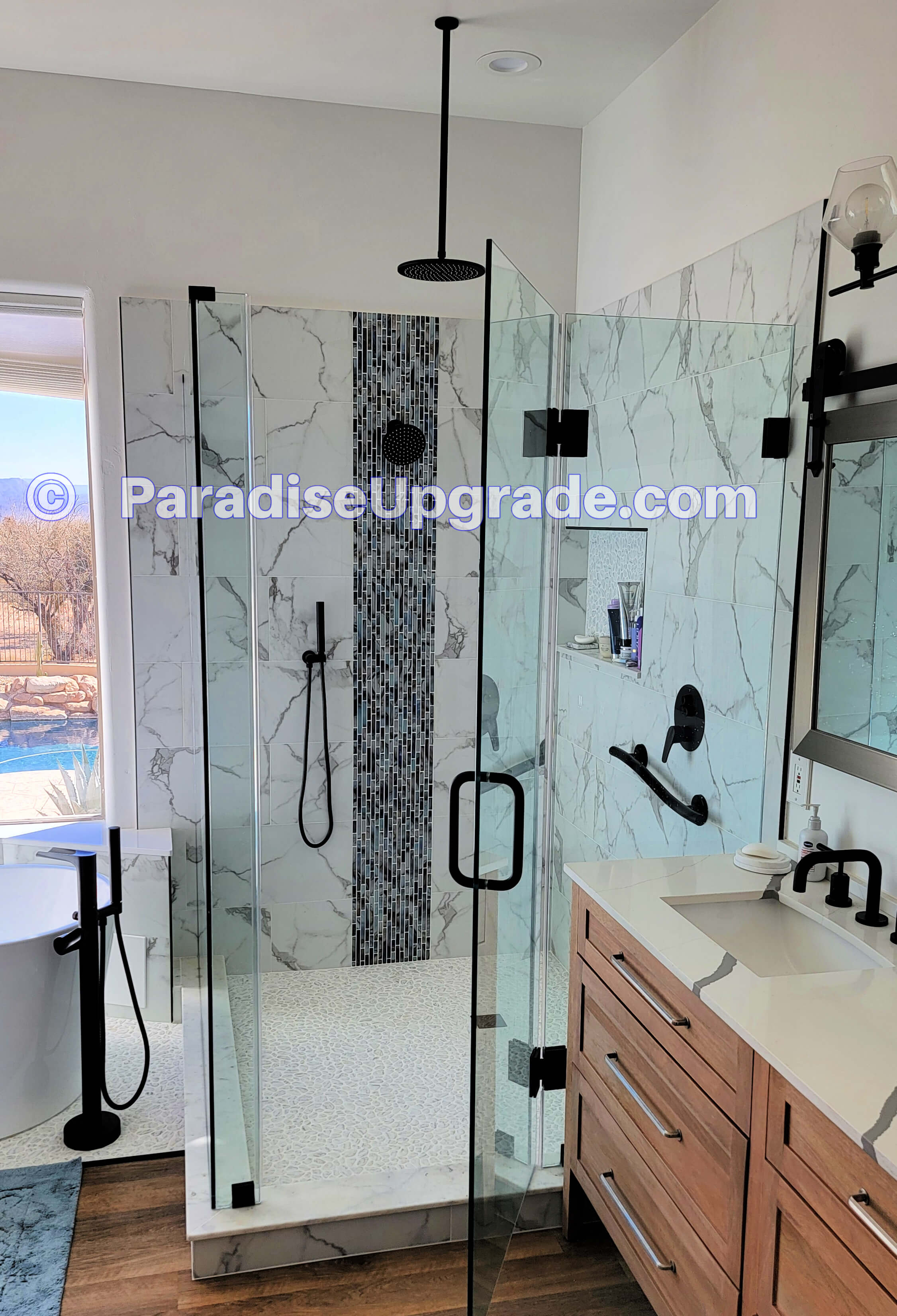 New shower with rain head from ceiling, hand held sprayer, regular shower head, grab bar, faucet easy to reach.