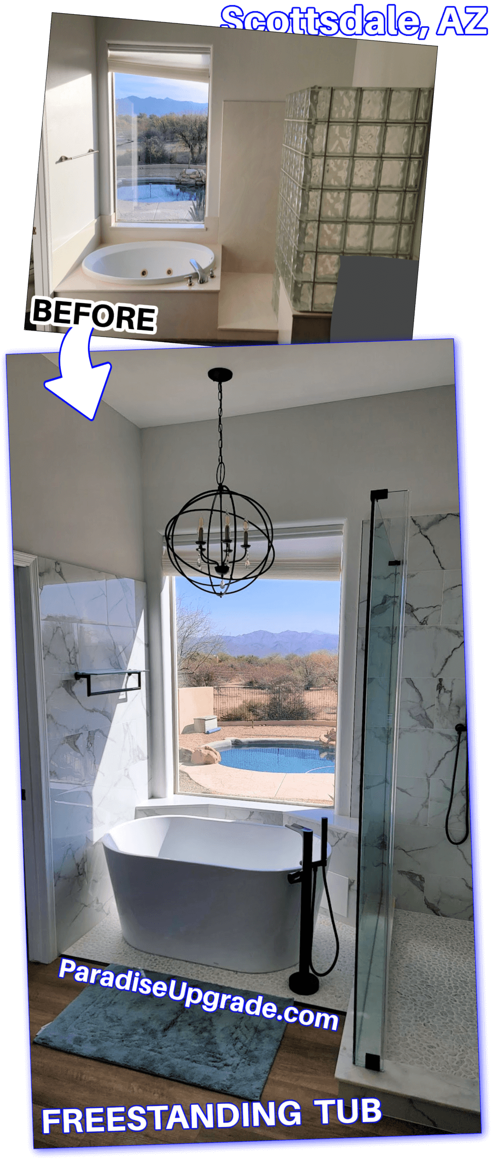 Old jacuzzi tub replaced by modern freestanding tub with floor mount faucet and sprayer - project by Paradise Upgrade in Scottsdale, AZ.