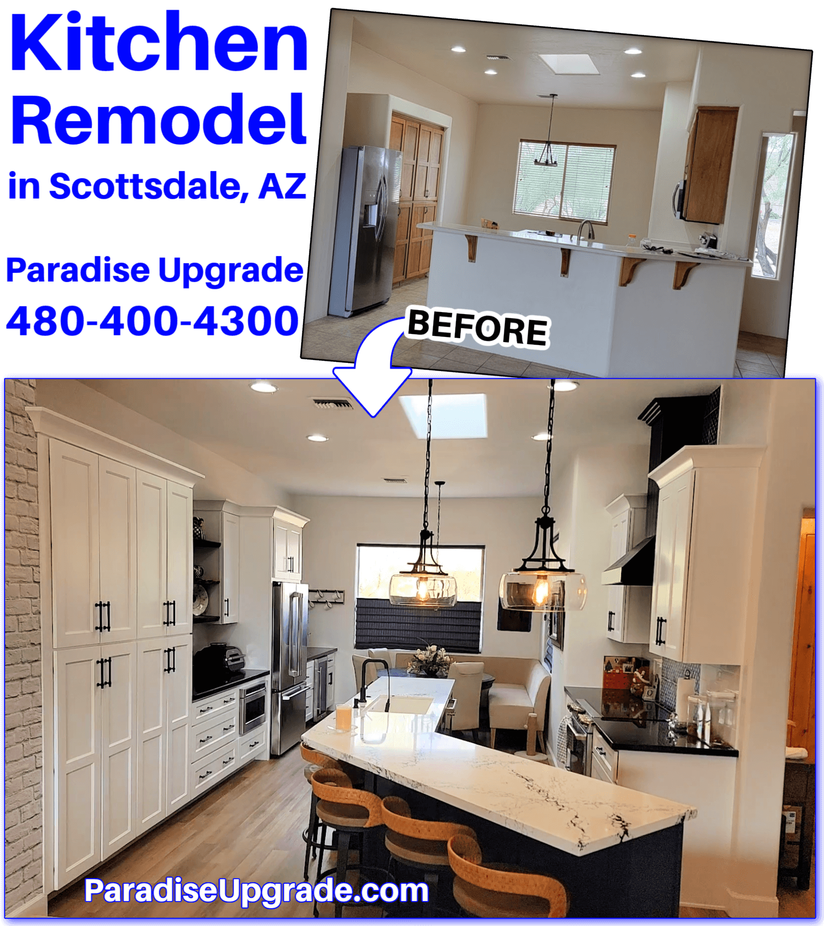 Kitchen remodeling project including new layout, cabinets, countertops, range hood, microwave drawer, counter depth fridge, picture TV, wine cooler, big island with seating for 4, etc - a project by Paradise Upgrade in Scottsdale, AZ 85262.