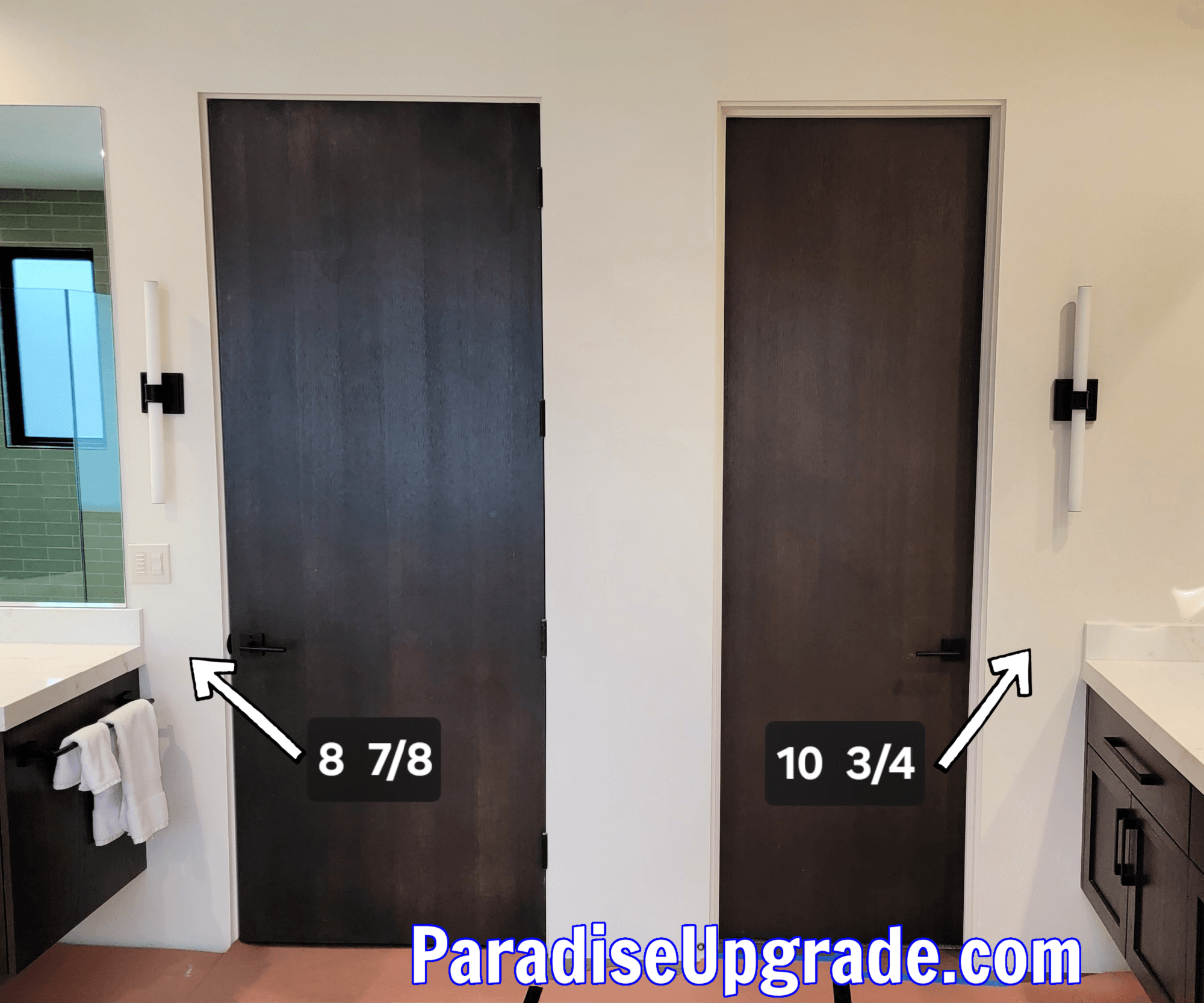 The door won't look to be too close to the sink/countertop since the opposite wall has these 2 doors within the specified distances from countertops. These doors are 8 ft tall and solid wood - very heavy.