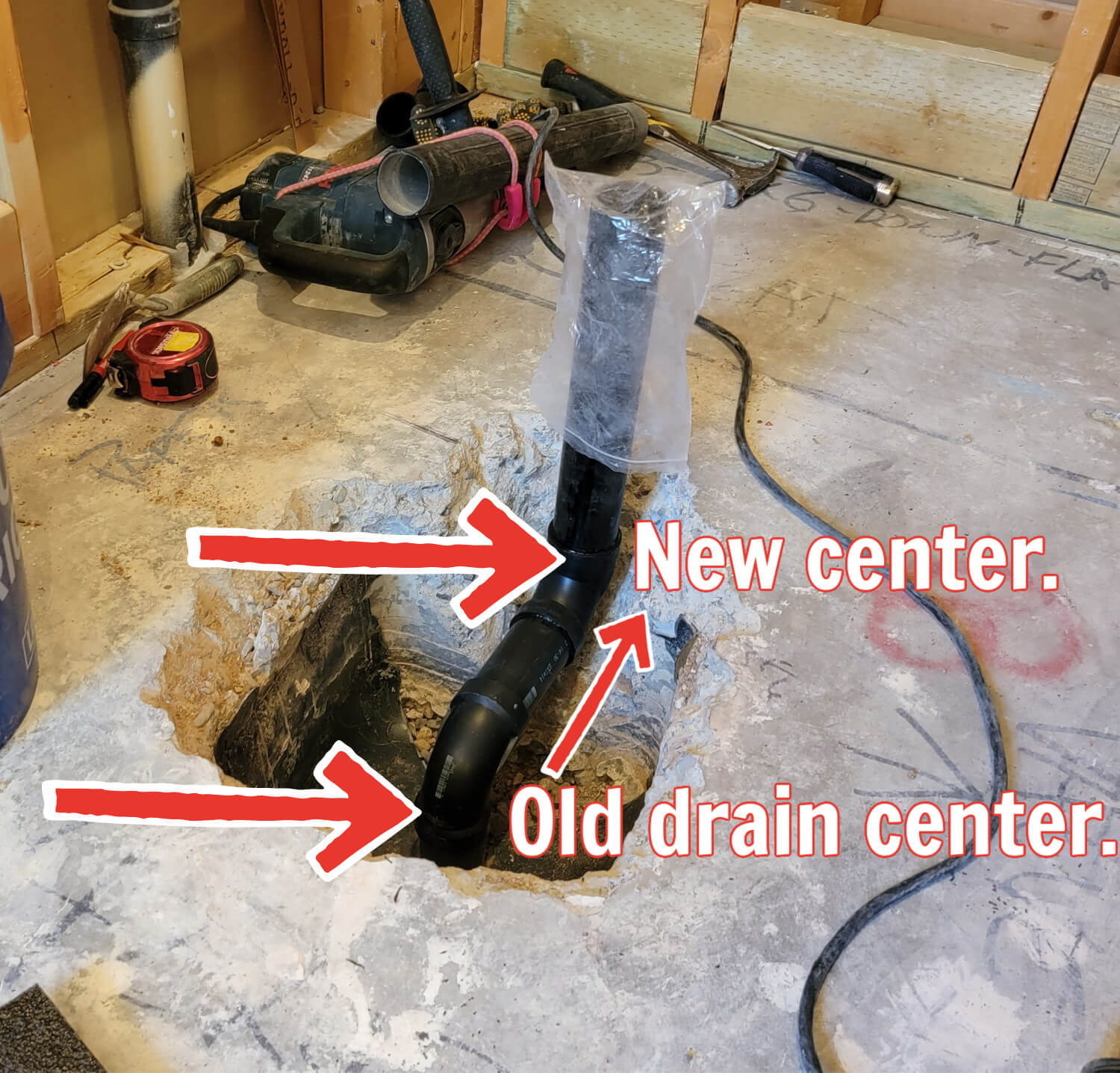Old shower drain re-centered to match the new shower bigger shower floor without the bench. Old shower drain re-centered to match the new shower bigger shower floor without the bench.