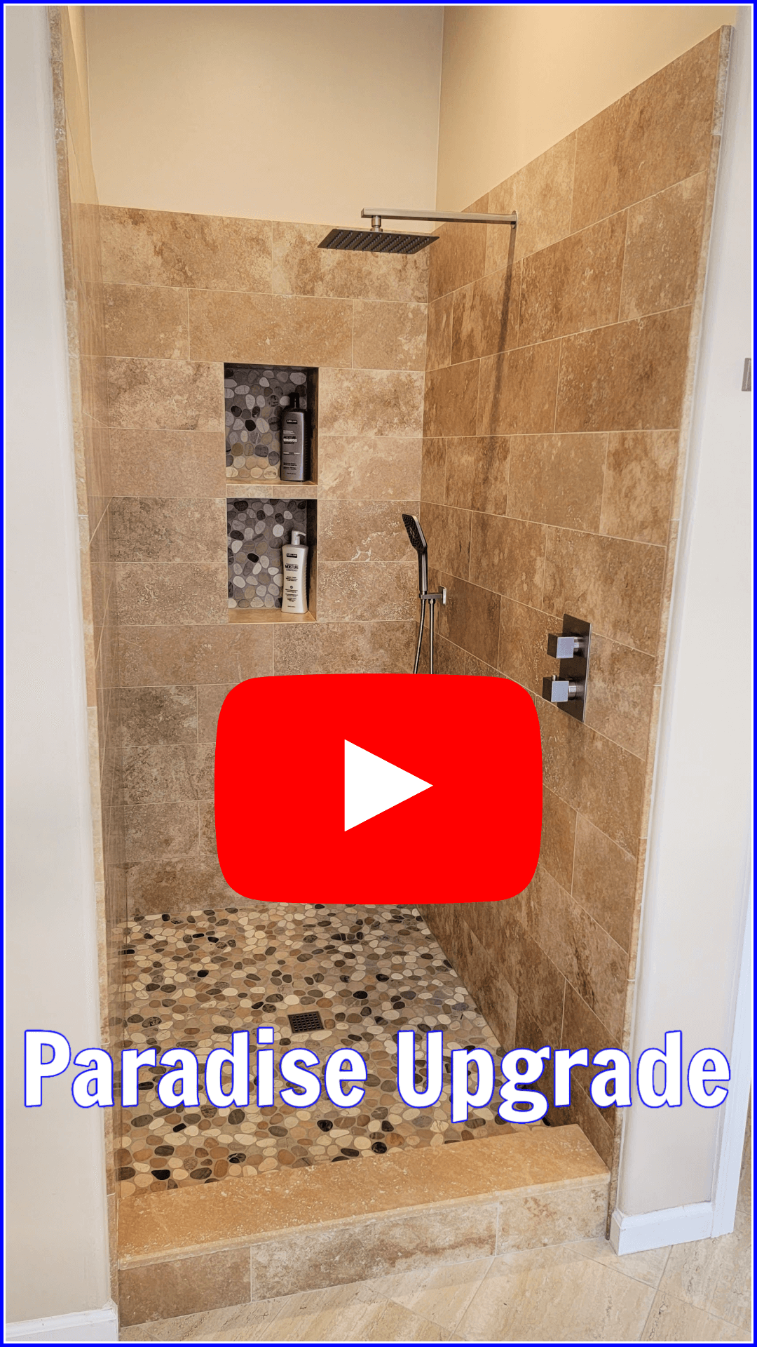 New shower in Anthem, AZ. Wall tile is travertine and floor is flat pebble time, also on back of niche.