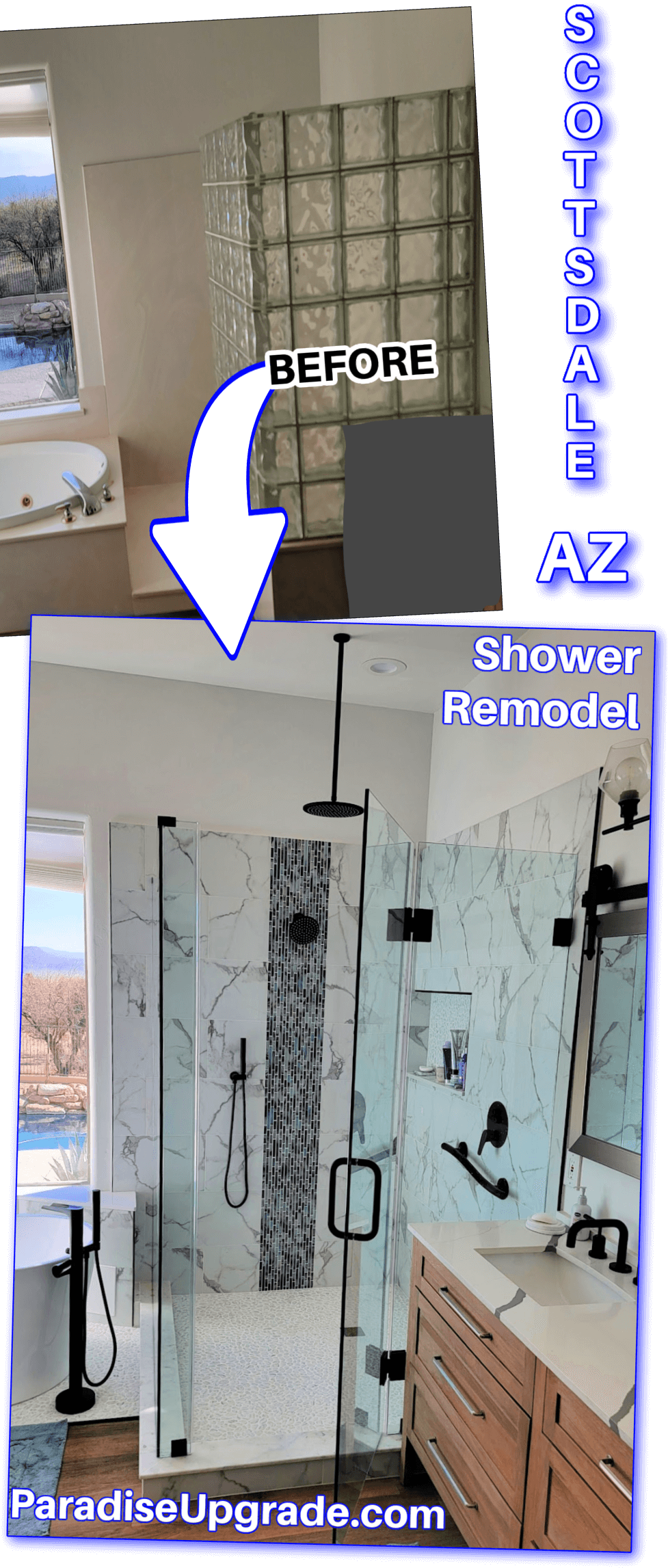 Shower transformation from old to new custom shower in Scottsdale, AZ by Paradise Upgrade.