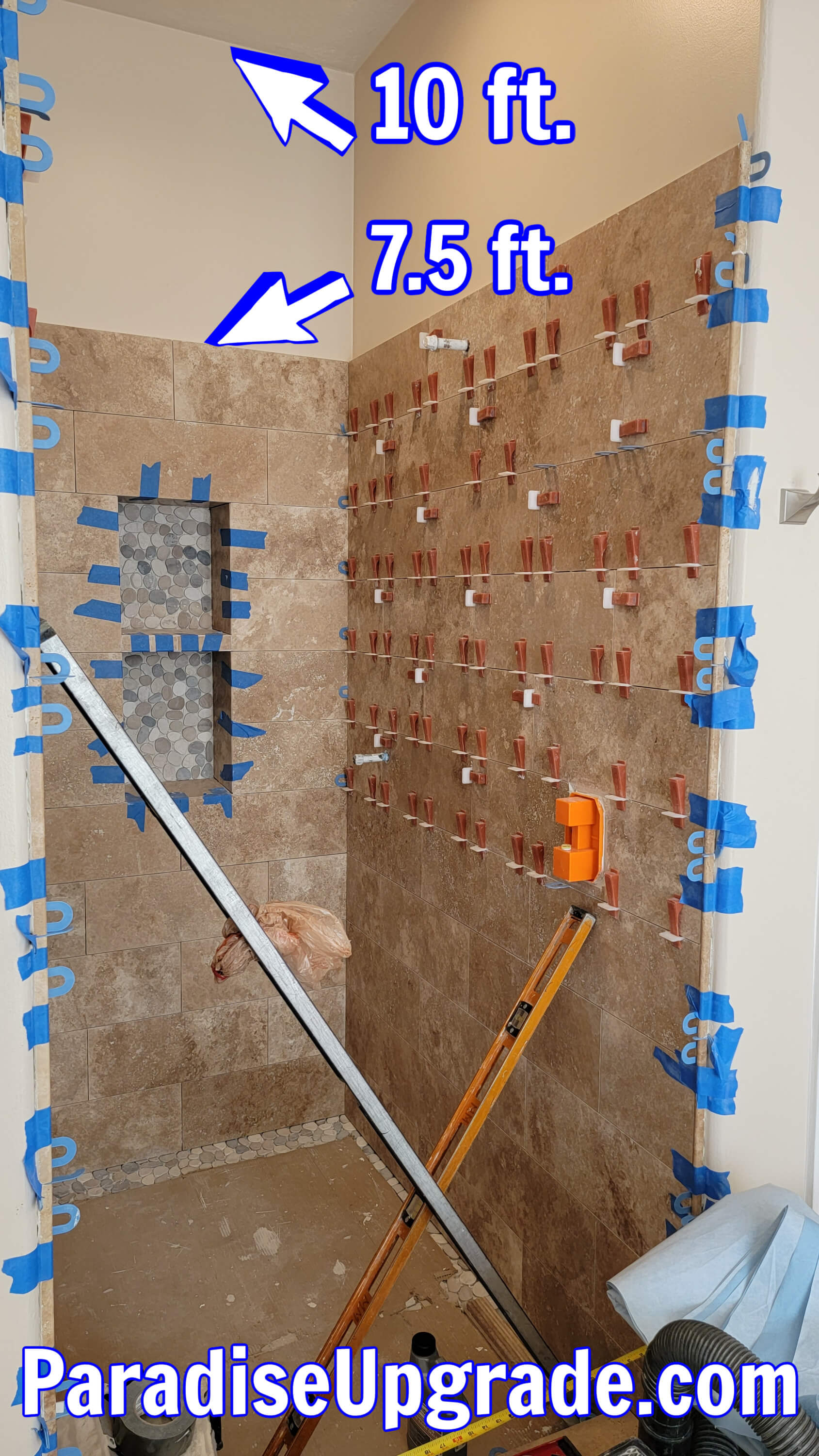 Travertine tile installed on walls 7 6" high. Travertine tile installed on walls 7 6" high.