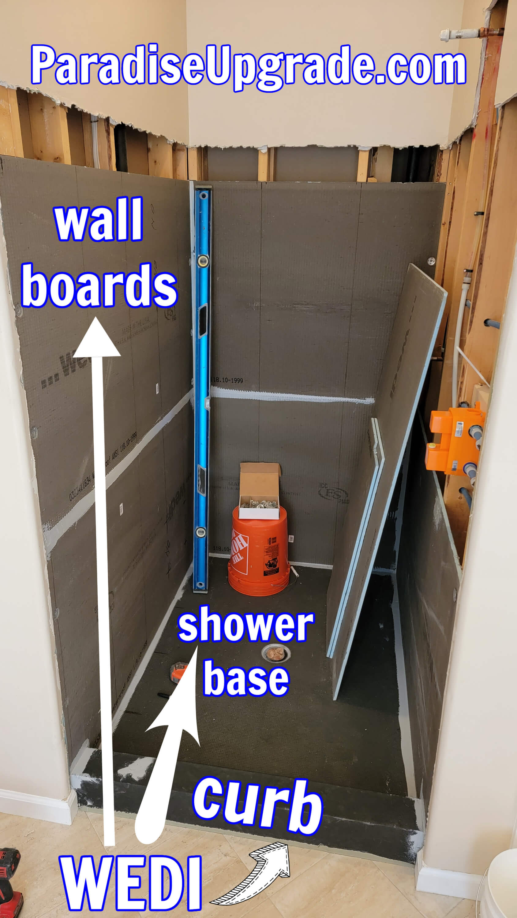 Wedi boards, curb, shower base, sealant - waterproofing for shower. Wedi boards, curb, shower base, sealant - waterproofing for shower.